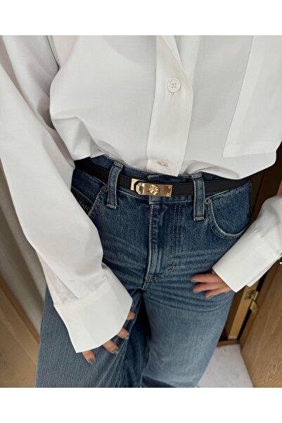 Tina İstanbul 2cm zlatý pásek s černou sponou a prošíváním