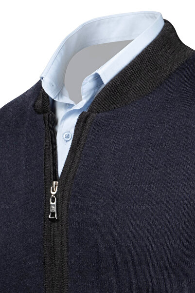 Çizgi Triko Ανδρικό ριγέ πλεκτό παλτό - γιακάς, φόδρα, φερμουάρ, ατσάλινο πλεκτό σχέδιο, κλασική εφαρμογή -5015T