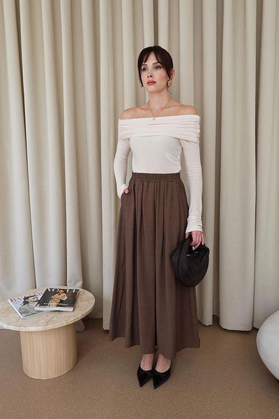Tuba Butik Dark Brown Midi Skirt with Elastic Waist