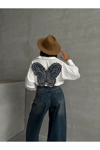 Miss Allos Cămașă de damă din denim cu model fluture cu detaliu în piatră
