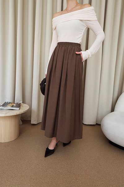 Tuba Butik Dark Brown Midi Skirt with Elastic Waist