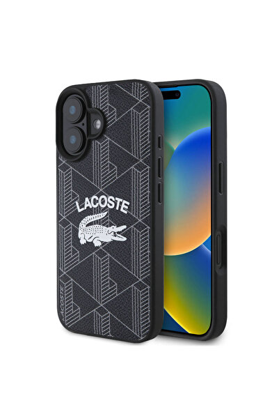Lacoste iPhone 16 Plus Uyumlu Kılıf Lacoste  Lisanslı Magsafe Şarj Özellikli Mono Vintage Logo Siyah
