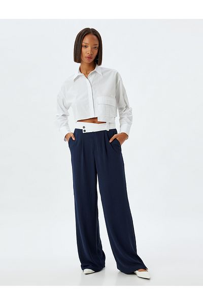 Koton Wide Leg Baggy Fabric Trousers with Button Detail Comfortable Fit Pocket Color Block