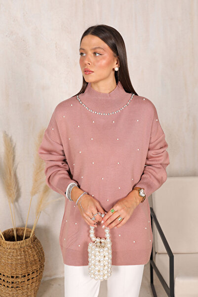 BRZ COLLECTION Πλεκτό πουλόβερ με πέρλες Dusty Rose