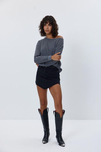 Tuba Butik Tricotaj cu gât barcă în dungi Pulover de damă gri