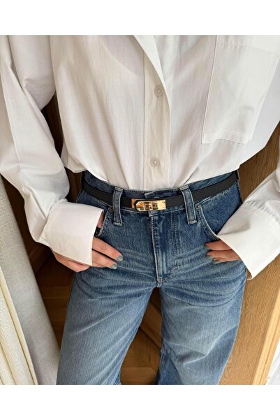 Tina İstanbul 2cm zlatý pásek s černou sponou a prošíváním