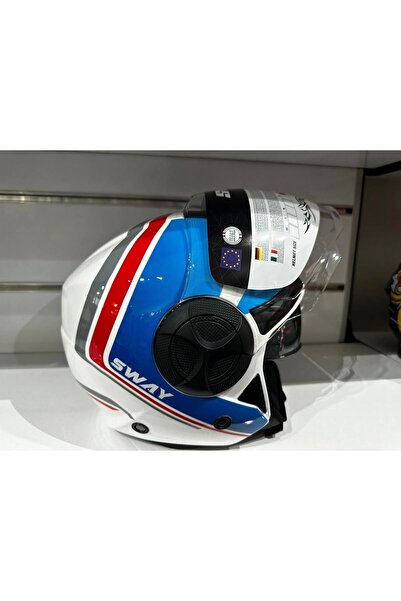 Sway KASK SWAY SW-737 PARLAK BEYAZ/MAVİ/KIRMIZI ÇENESİZ GÜNEŞ GÖZLÜKLÜ