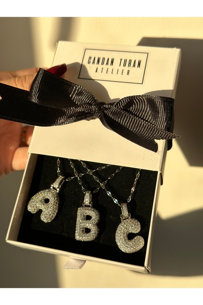 The Fine Store Çelik Vintage Zincir Zirkon Taşlı Bombe Harf Kolye M HARFİ