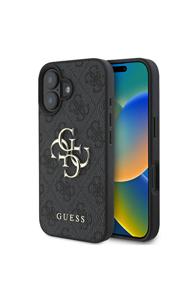 Guess iPhone 16 Uyumlu Kılıf Guess  Lisanslı PU Deri 4G Desenli Metal Büyük 4G ve Yazı Logolu Siyah
