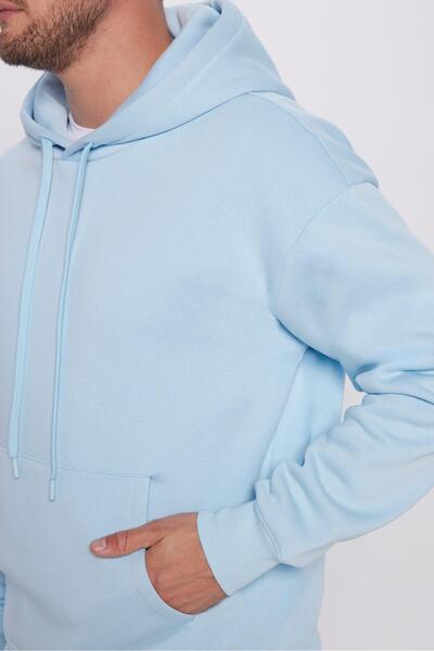 Tudors Unisex Oversize Geniş Kesim Pamuklu Yumuşak Dokulu İçi Polarlı Basic Mavi Kapüşonlu Sweatshirt
