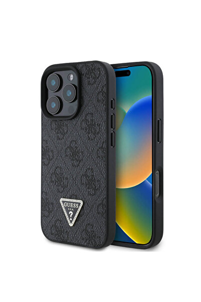 Guess iPhone 16 Pro Max Kılıf Guess Lisanslı Magsafe Özellikli PU Deri 4G Desenli Taşlı Üçgen Logolu Siyah