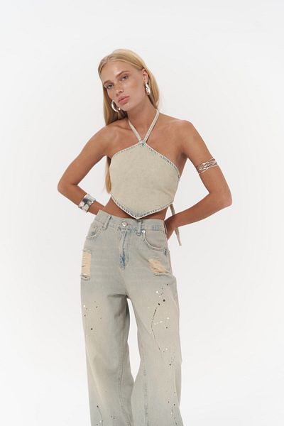 MAİ COLLECTİON Seday Dirty Green Triangle Jeans Crop