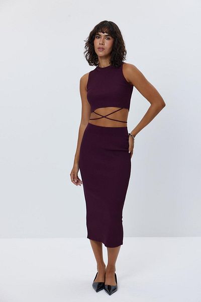 Tuba Butik Corded Knitwear Crop Skirt Claret Red Women's Set