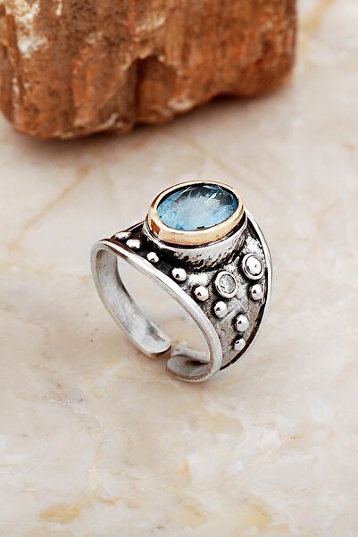 Sümer Telkari Mavi Paraiba Taşlı Çekiç Dövme Elişi Tasarım Gümüş Yüzük 5842