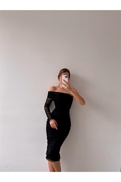 modaçelikler Midi Single Sleeve Gathered Ninfe Women's Black Tulle Dress 22k000524