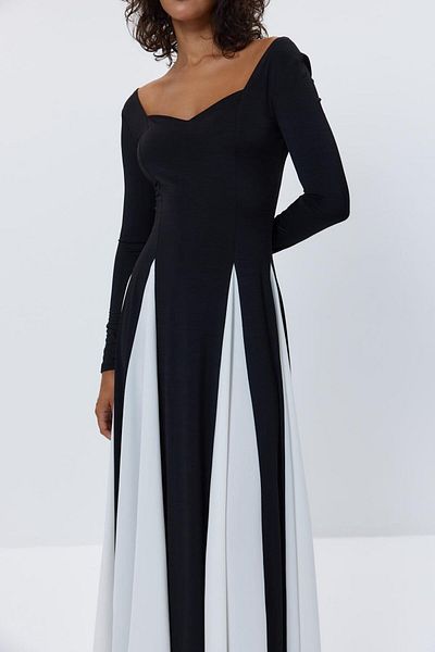 Tuba Butik Heart Collar Colorblock Black Long Dress
