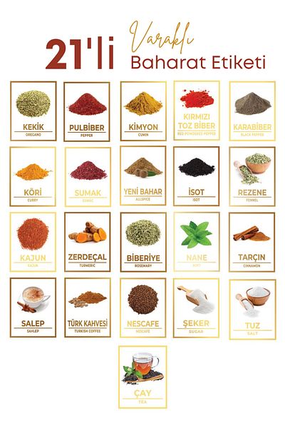 GRİMOR Life 21 Pack Colorful Illustrated - Foil Gilded Waterproof Spice Label Sticker