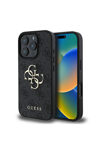 Guess iPhone 16 Pro Uyumlu Kılıf Guess  Lisanslı PU Deri 4G Desen Metal Büyük...