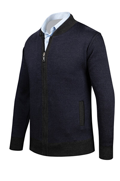 Çizgi Triko Ανδρικό ριγέ πλεκτό παλτό - γιακάς, φόδρα, φερμουάρ, ατσάλινο πλεκτό σχέδιο, κλασική εφαρμογή -5015T