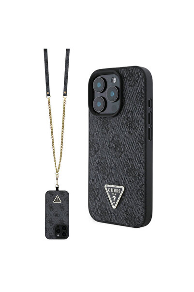 Guess iPhone 16 Pro Max Compatible Case Licensed Pu Leather Rhinestone Metal Triangle Logo Body with Strap 4g Patterned Black