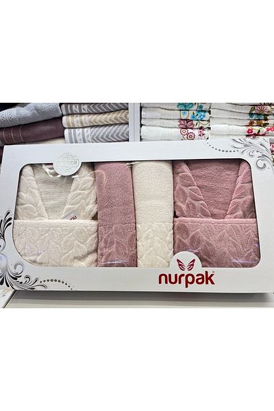 Nurpak Hazal 8 Piece Οικογενειακό Σετ Μπουρνούζι Πούδρα-κρέμα