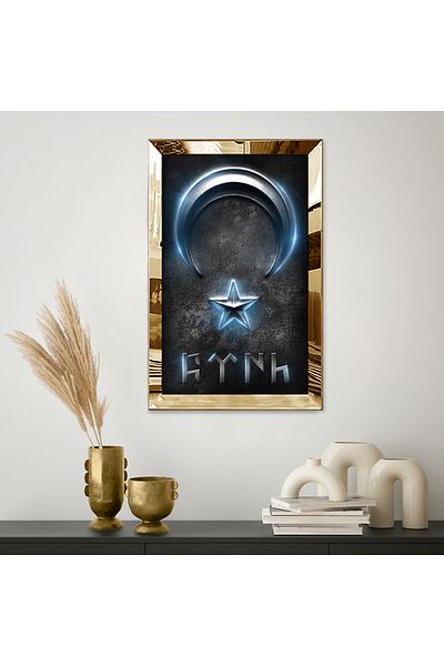 Zevahir Mobilya Dekorasyon Χρυσός καθρέφτης με πλαίσιο από πλεξιγκλάς με γκρι φόντο Χρυσό αστραπτικό αλφάβητο τουρκική γραφή Τουρκική γραφή MDF Πίνακας