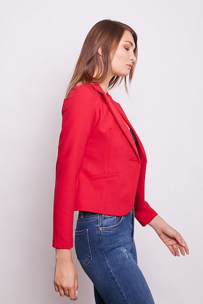 Jument Collared Flato Pocket Long Sleeve Cotton Fabric Short Blazer Office Jacket -red