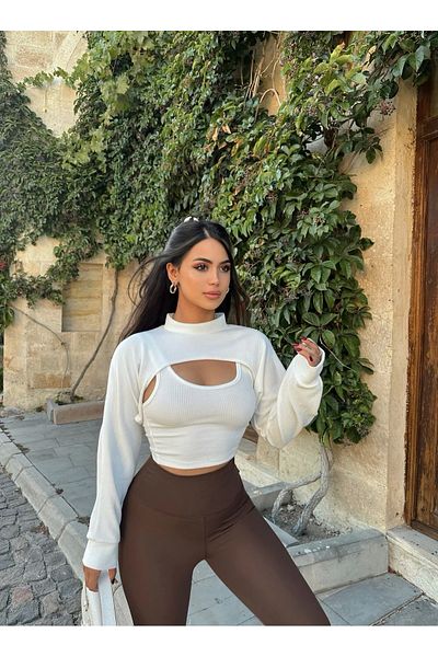 kırmızı butiks White Corded Crop Sweat Double Set