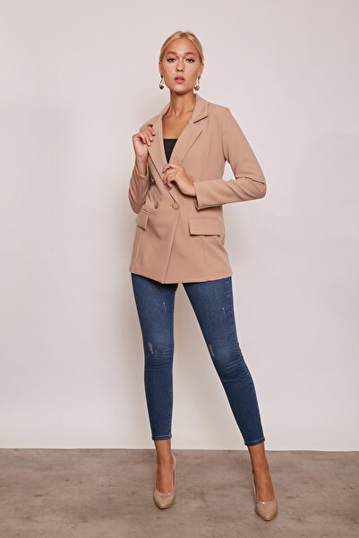 Jument Γυναικείο μπλέιζερ με λεπτομέρεια με κουμπιά, μακρυμάνικο, κομψό, υφασμάτινο μπλέιζερ με κάλυμμα τσέπης-καμέλ