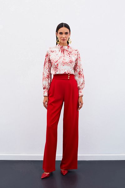 Sateen Red Patterned Stand Collar Blouse