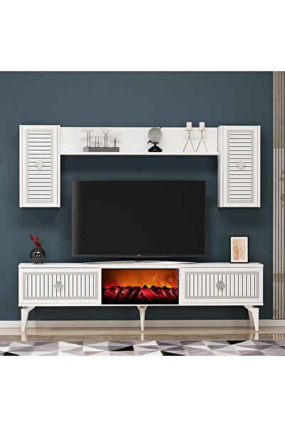 DEMONTE DECOR NİLL ŞÖMİNELİ TV  ÜNİTESİ TAKIMI BEYAZ -GÜMÜŞ