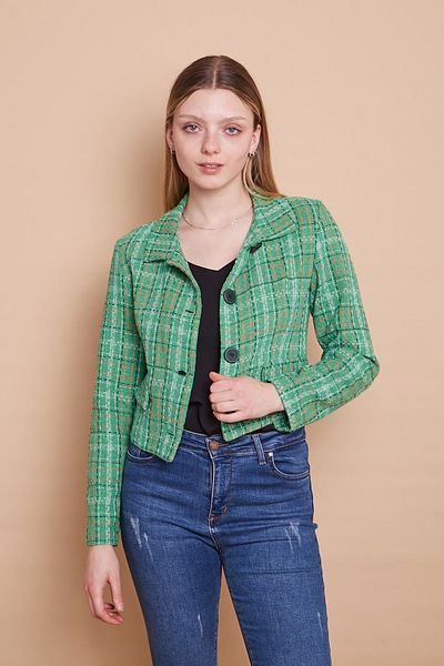 Jument Μπροστινή τσέπη με κουμπιά Tweed Blazer Κοντό μπουφάν-πράσινο καρό