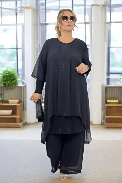 yagmurberen Plus Size Inside Buzzy Fabric - Chiffon Jacket and Lined Trousers 2-Piece Set