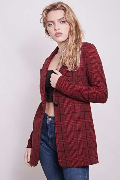 Jument Plaid Pattern Collared Long Sleeve Single Button Woolen Fabric Blazer Jacket-Burgundy Plaid