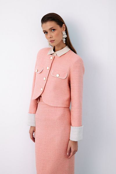 Sateen Jachetă scurtă din tweed cu contrast de culoare PUDRA