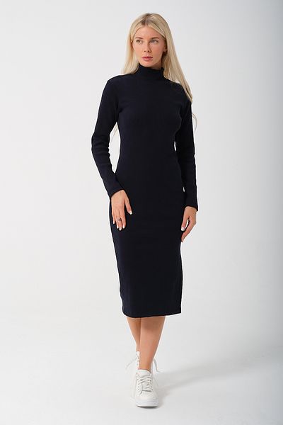 MSW Rochie tricotată midi groasă, cu fante, albastru bleumarin