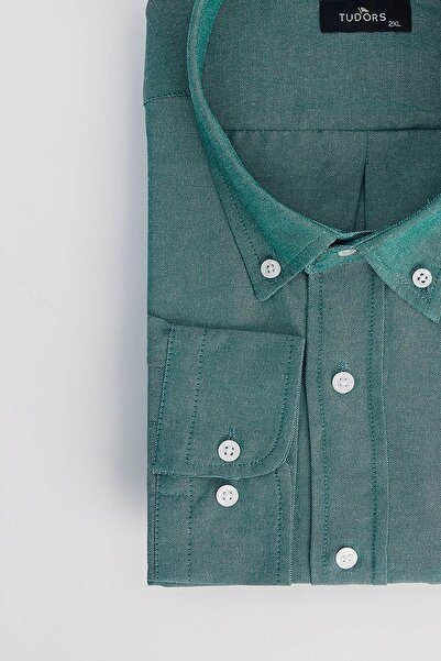 Tudors Ανδρικό πουκάμισο μεγάλου μεγέθους, κεντημένο Oxford Texture με πράσινο γιακά με κουμπιά