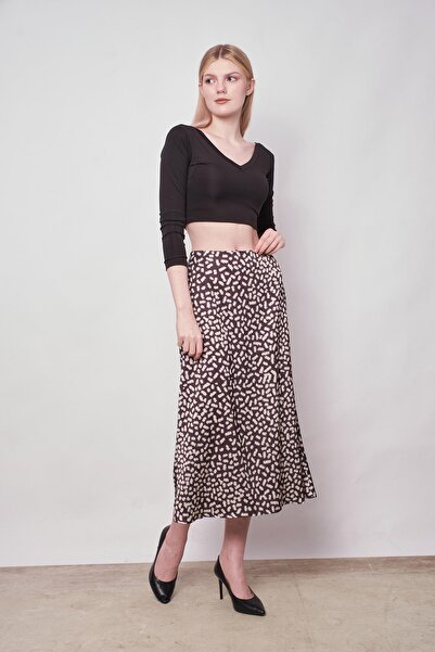 Jument Women's Patterned Lycra-Free Satin Fabric High Waist Long Bell Skirt-Leopard