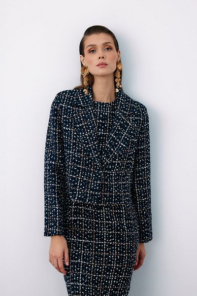 Sateen Buttoned Tweed Short Jacket - Dark Blue