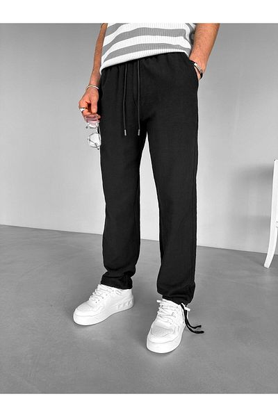 ablukaonline Men's Elastic Waist Summer Comfortable Fit Stretchy Cotton Linen Trousers Black