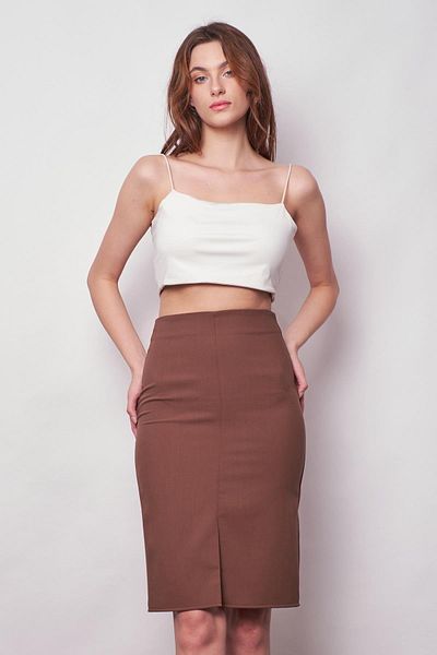 Jument Țesătură elegantă din lycra cu talie înaltă pentru femei, cu fantă în față, sub genunchi, fustă creion de birou - maro lapte