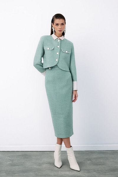 Sateen Ornamental Buttoned Tweed Pencil Skirt - Mi̇nt