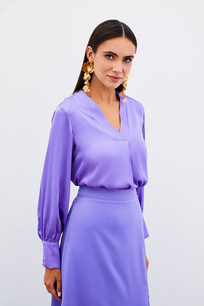 Sateen V-Neck Satin Blouse - Lila
