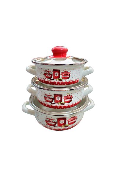 ALEV EMAYE Enamel 3-Piece Cooking Pot Set - Jam Pattern (14Cm-16Cm-18Cm)