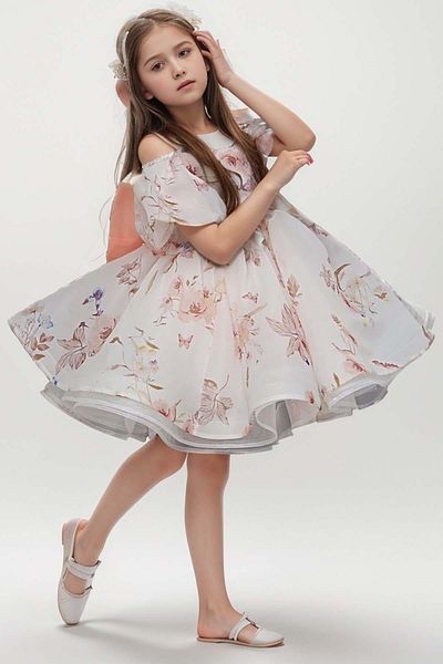 Riccotarz Orange Floral Patterned Girl's Evening Dress with Balloon Sleeves and Fluffy Tulle Boat Neck