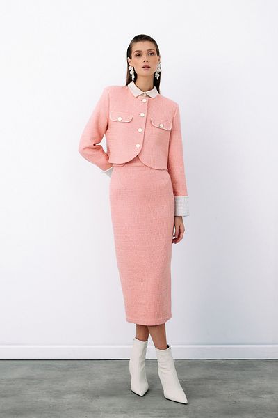 Sateen Tweed Pencil Skirt - Decorative Buttoned, Powder