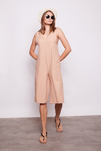 Jument Shoulder Lace Pocket Wide Leg Jumpsuit - Light Camel