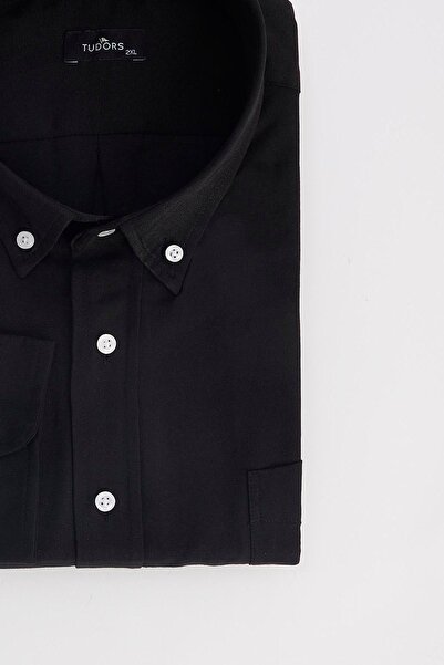 Tudors Erkek Big Size Büyük Beden Nakışlı Oxford Doku Cepli Siyah Yaka Düğmeli Gömlek