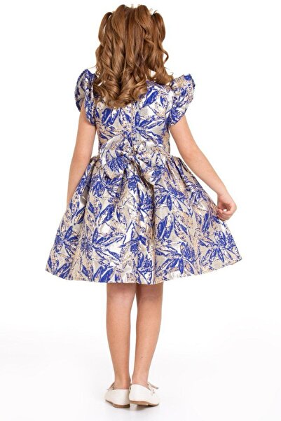 Riccotarz Navy Blue Girl's Evening Dress - Jacquard Patterned and Bow Detail