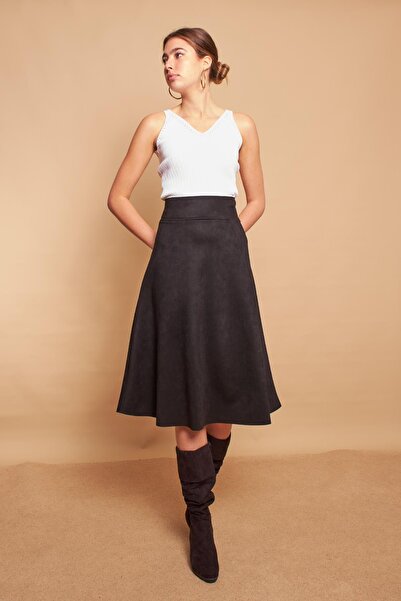 Jument Țesătură ușoară din piele intoarsa din lycra cu talie înaltă, fustă lungă Kiloş-negru